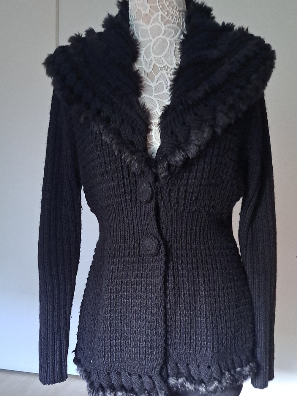 SLonl Petite Black Faux-Fur Trim Women's Sweater